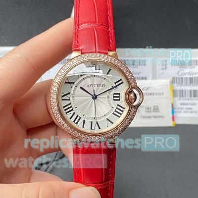 Fake TWF Cartier Ballon Bleu Rose Gold Diamond Bezel 36mm Red Leather Strap 